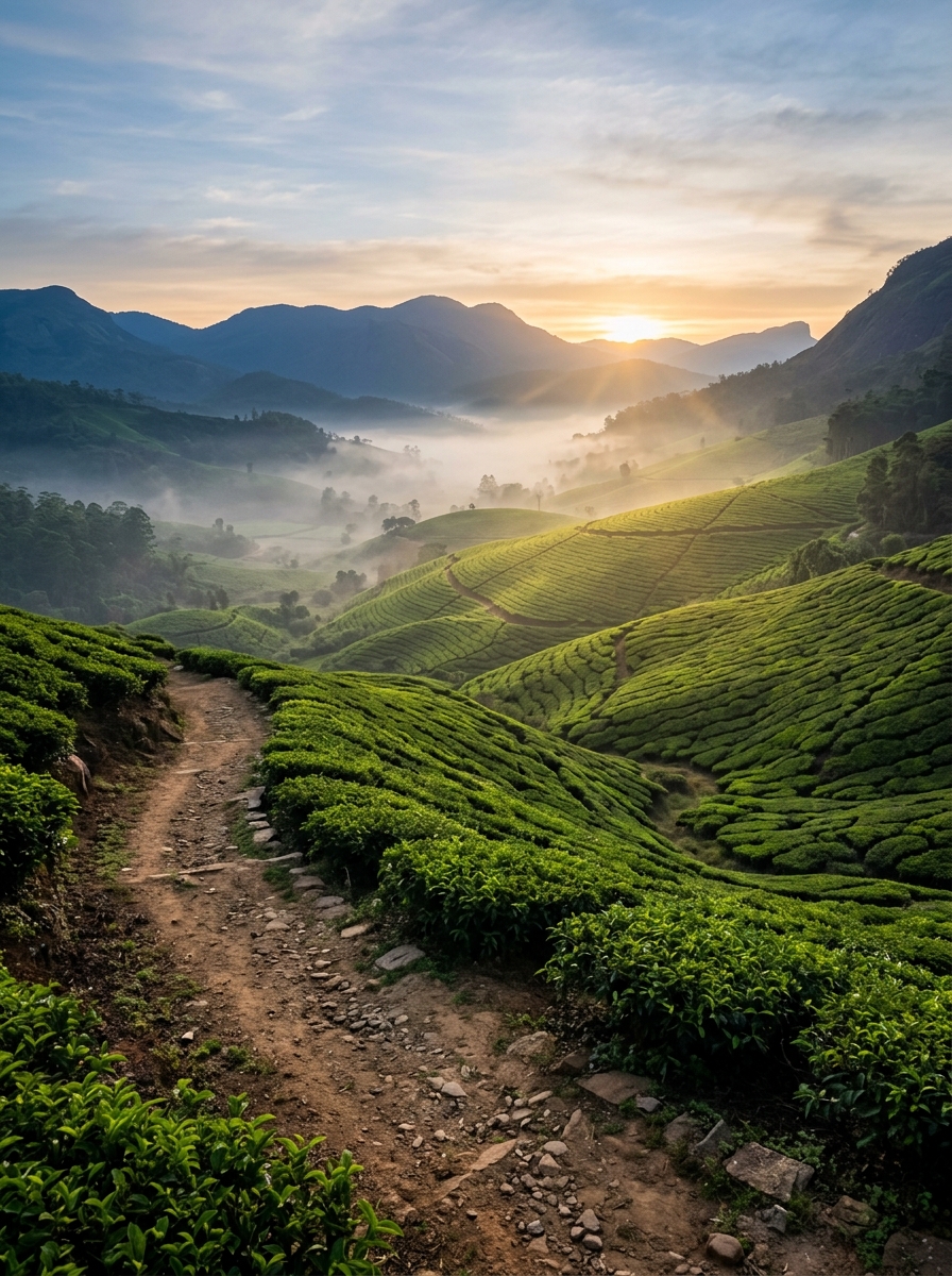 Lush green tea plantation terraces fading into soft morning mist with clear footpath in foreground