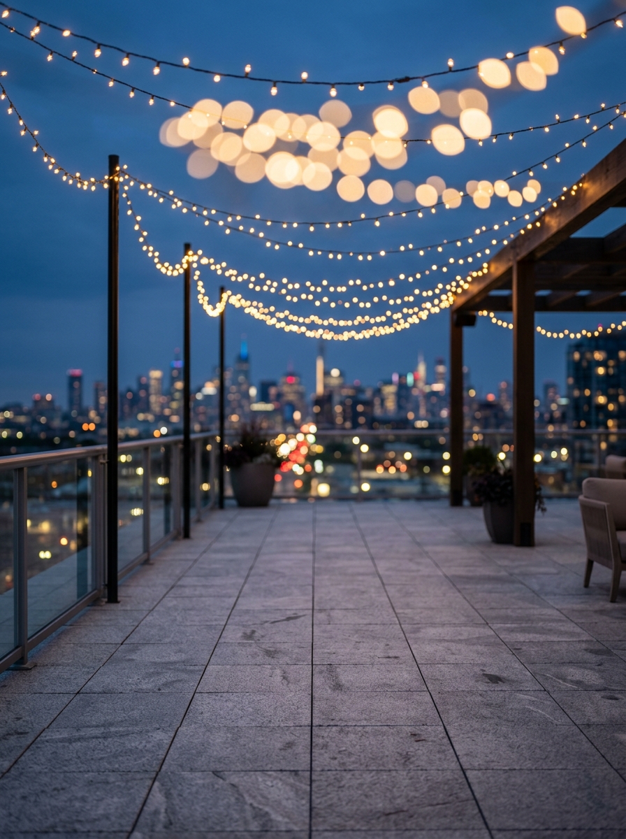 Blurred evening rooftop terrace with warm amber string lights and sharp stone floor plane for standing portrait edits