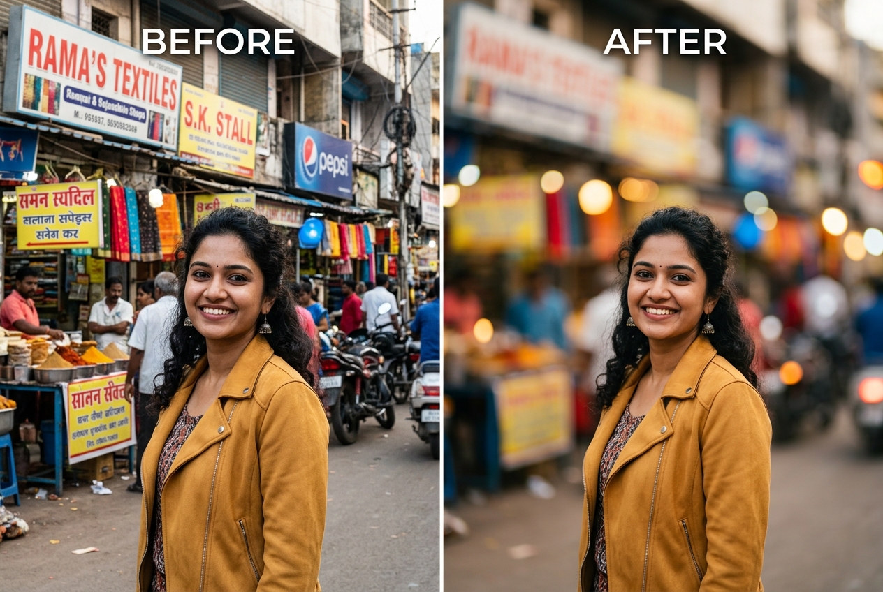 PhotoBackground.in Before and After: Converting a crowded street market background into soft, creamy portrait bokeh