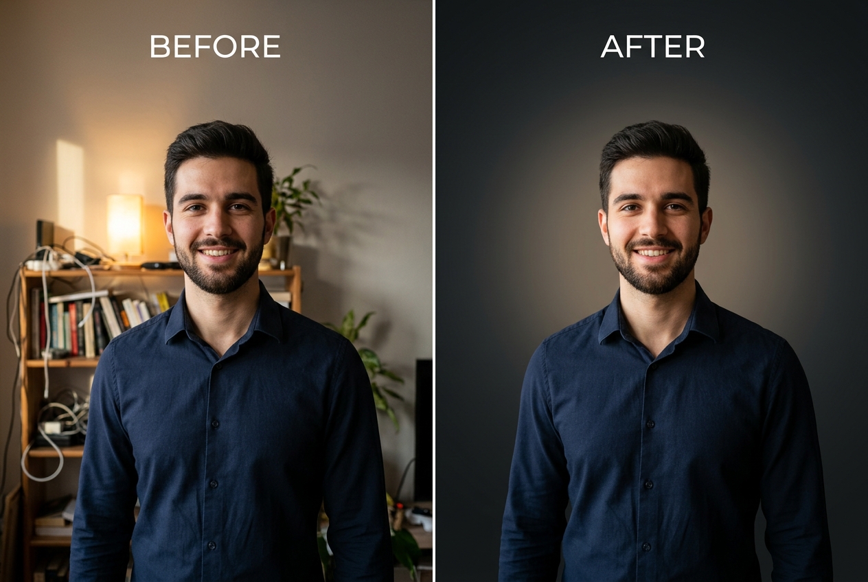 Before and after demonstration: A casual home portrait taken against a cluttered living-room shelf replaced with a warm charcoal studio vignette.