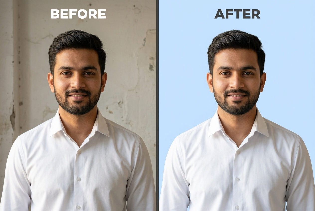 Before and after demonstration: A standard portrait converted to a uniform sky-blue ID backdrop for college and corporate badges.