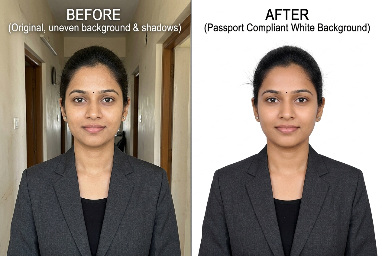 Before and after demonstration: Head-and-shoulders applicant photo shot against a cream hallway wall converted into a uniform #FFFFFF white passport frame.