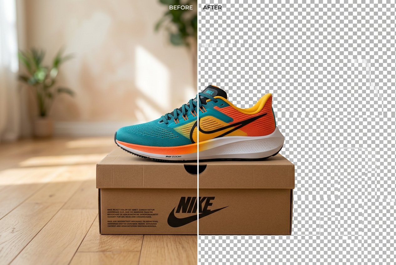Before and after demonstration: A running shoe photographed on a cardboard box stripped down to a clean alpha-channel PNG cutout.