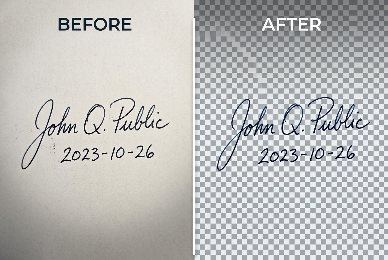 Before and after demonstration: A handwritten black-ink signature photographed on shadowy A4 bond paper isolated onto a crisp alpha-channel PNG.