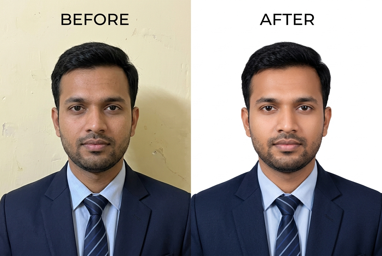Before and after demonstration: A candidate portrait shot against an uneven yellow-tinted wall converted into uniform RGB(255, 255, 255) white.