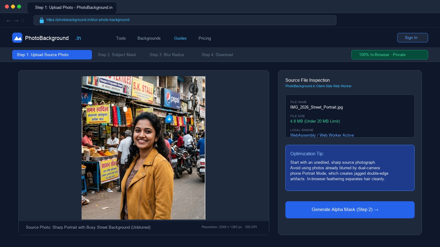 PhotoBackground.in Blur Photo Background tool interface showing sharp source portrait upload and client-side processing badge