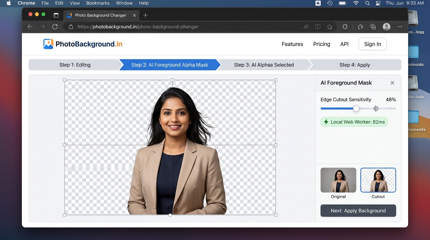 PhotoBackground.in Step 2 interface showing foreground alpha cutout on transparency checkerboard with edge cutout sensitivity slider
