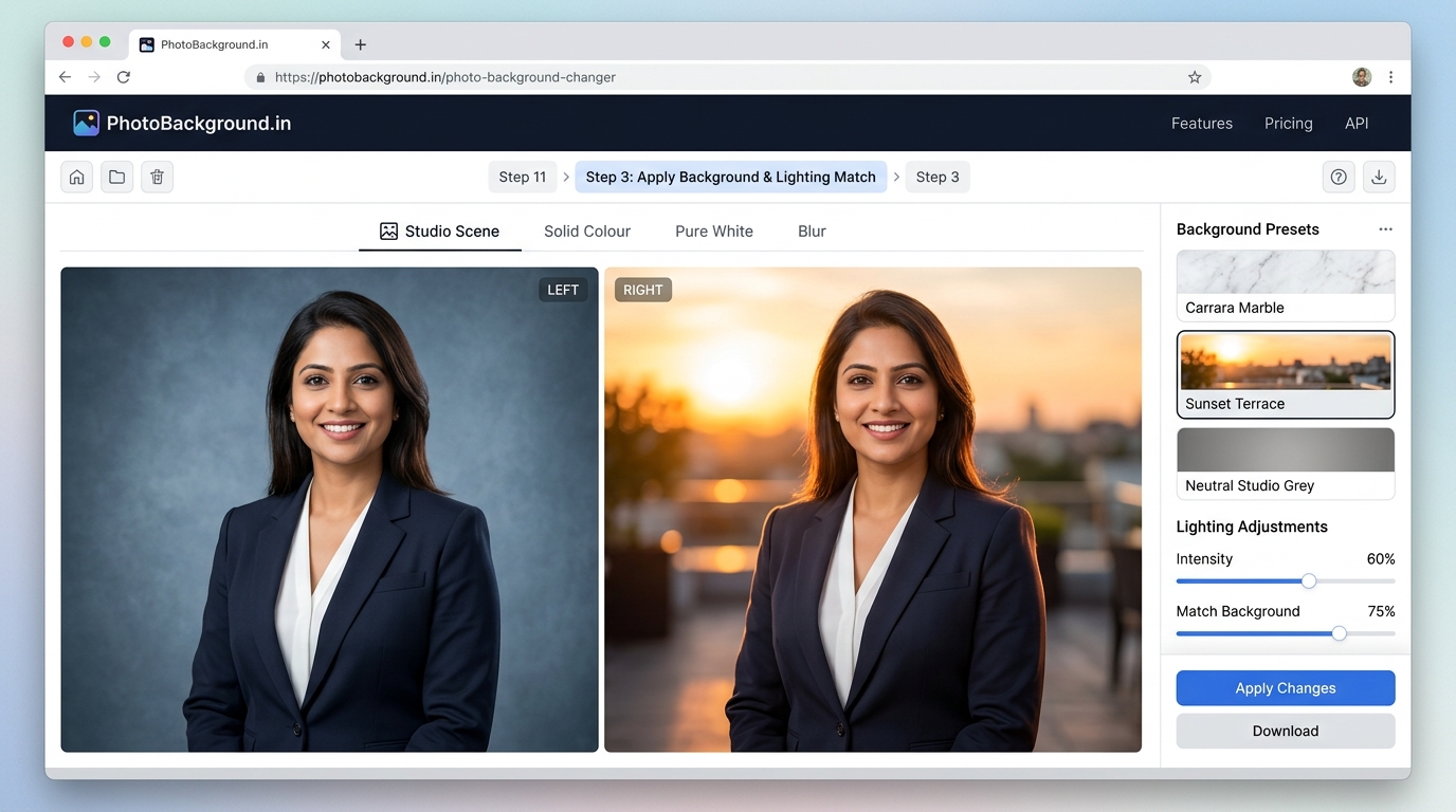 PhotoBackground.in Step 3 interface showing side-by-side comparison of cool studio background vs warm sunset terrace background lighting match