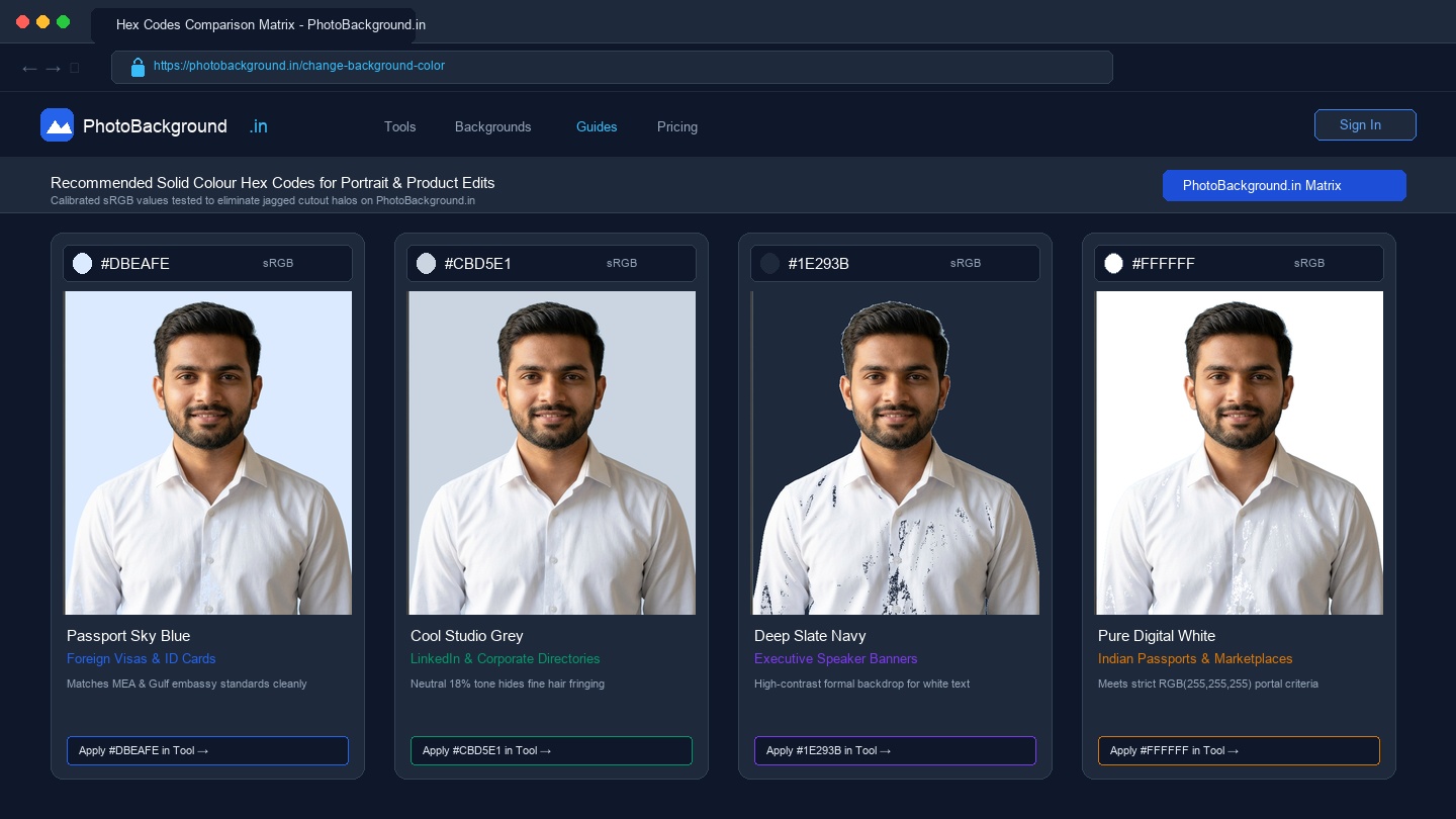 PhotoBackground.in 4-panel comparison of recommended sRGB solid colours: Passport Sky Blue (#DBEAFE), Cool Studio Grey (#CBD5E1), Deep Slate Navy (#1E293B), and Pure Digital White (#FFFFFF)