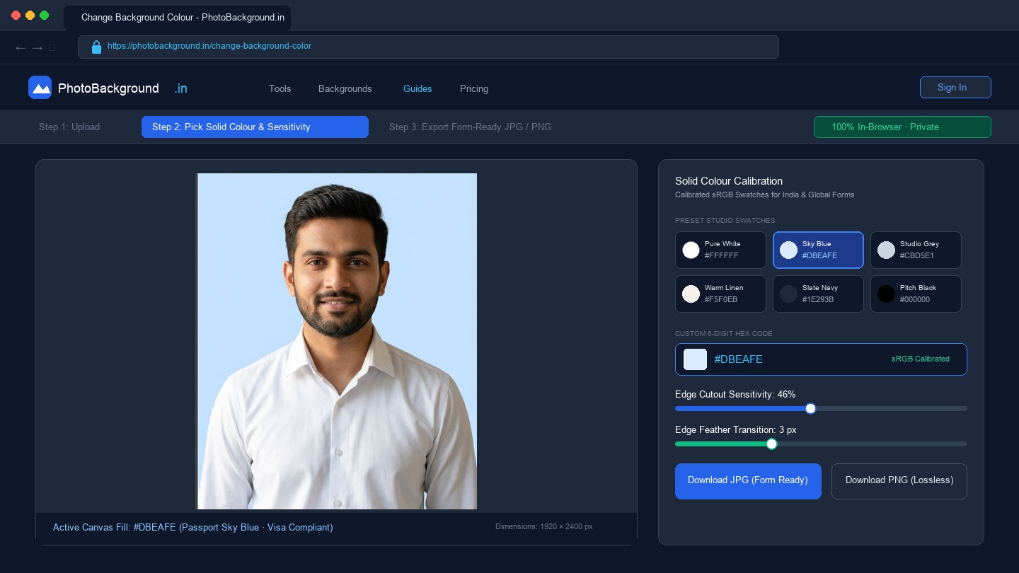 PhotoBackground.in Change Background Colour tool interface showing solid colour palette swatches and edge cutout sensitivity slider