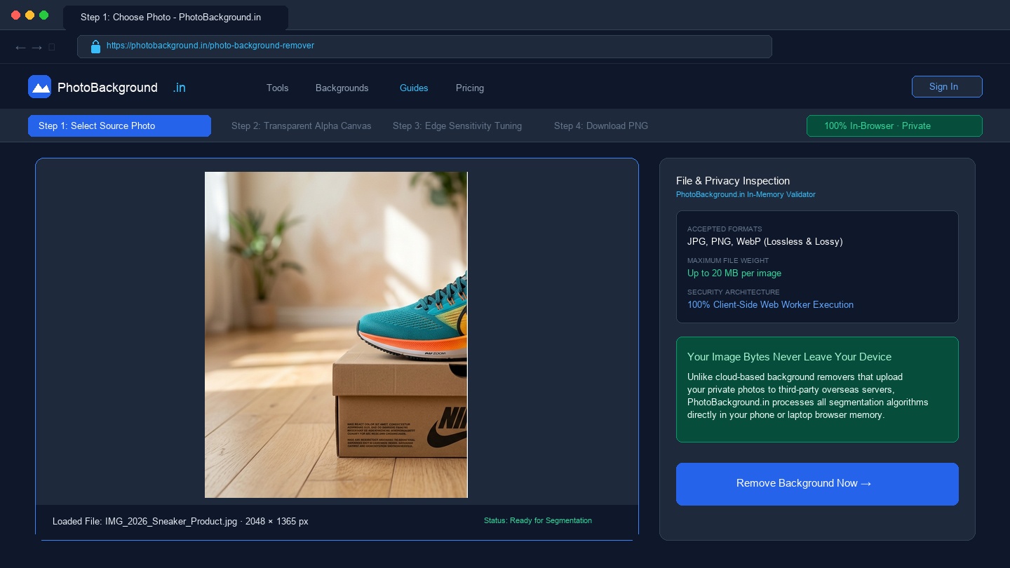 PhotoBackground.in Photo Background Remover interface showing file selection dropzone, 20 MB limit, and private client-side worker badge